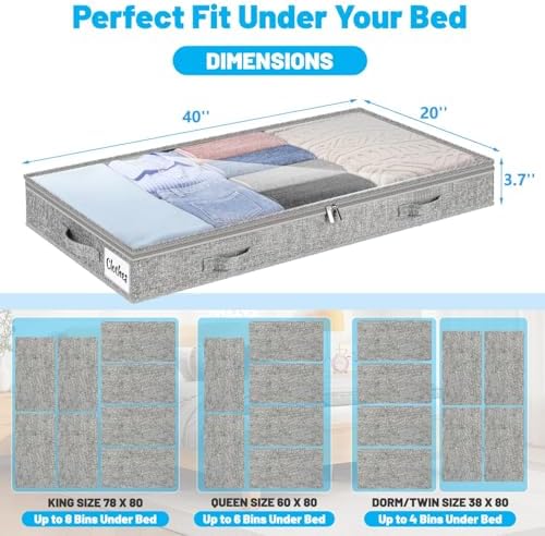 4 Inch Low Profile Under Bed Storage Drawer 4 Pack, Lightweight Underbed Clothes Storage Container Bins With NO STURCTURE, Shallow Storage Bag for Dorm & Home, With Clear Lids & Water-Resistant Fabric - Image 2