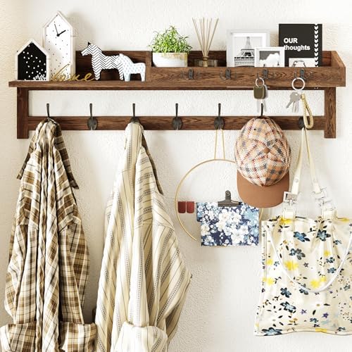 AMBIRD Coat Rack Wall Mount, 35 inch Large Wall Hooks with Shelf, Entryway Shelf with 7 Dual Coat Hooks 4 Key Hooks Mail Organizer, Wooden Coat Hanger and Key Holder Wall Mount by AMBIRD
