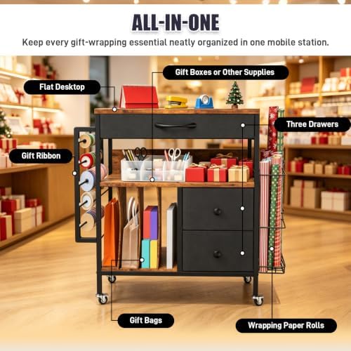Wrapping Paper Storage Cart, Rolling Gift Wrap Station with 3 Drawers & Side Holders, Wrapping Paper Organizer Holder with Wheels for Gift Bags, Ribbons, Wrapping Supplies - Image 7