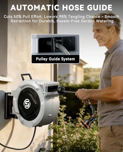 SUNPOW Retractable Garden Hose Reel - 5/8in x 100ft Heavy Duty Wall Mounted Hose Reel with 3/4in Brass Fitting & 10 Function Nozzle - Any Length Lock, Auto Rewind System, 180°Swivel Bracket - Gray - Image 6
