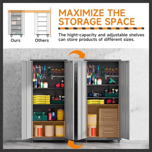 71''H Garage Storage Cabinet with Wheels, Meatl Storage Cabinet with Lock - Image 4