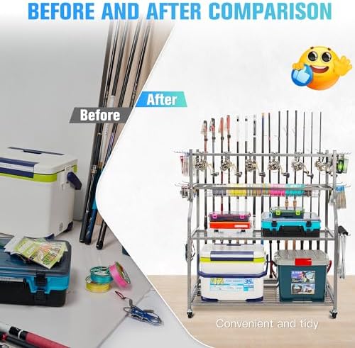 PeBro Fishing Pole Holders, Fishing Rod Holders for Garage, Fishing Rod Holder for Fishing Rod Tackle Box Reel Storage, All-In-One Fishing Rod Rack with Hooks and Wheels - Image 5
