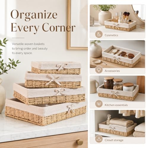 Baskets for Shelves Set of 4, Woven Paper Rope Storage, Khaki - Image 4
