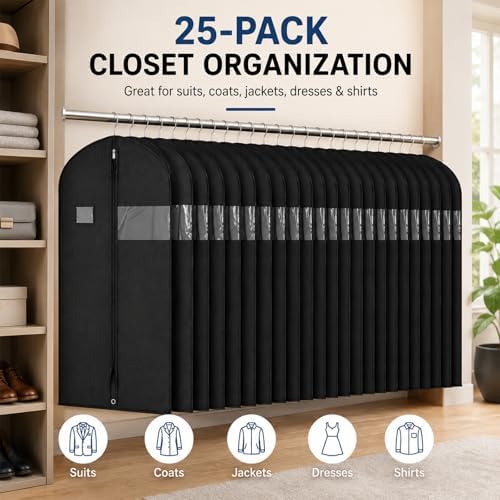 25 Pack Black Non-Woven Garment Bags for Hanging Clothes, 24 x 43 Inch Suit Bags with Clear Window and ID Card Holder, Dustproof Clothes Covers with Zipper for Suits Coats, Jackets, Dresses and Shirts - Image 7
