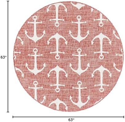 Unique Loom Outdoor Coastal Collection Area Rug - Ahoy (5' 3" Round, Rust Red/ Ivory) - Image 2