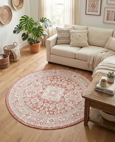 Rugs.com - Outdoor Aztec Rug – 5 Ft Round Rust Red Indoor/Outdoor Rug – Stain Resistant, Easy Clean for Patios, Decks, and Porches - Image 5