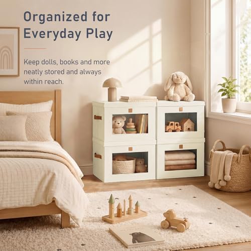 DIMJ Storage Bins with Lids - 4 Pack Front Opening Stackable Fabric Storage Boxes with Clear Window & Handles, Collapsible Closet Organizers for Clothes, Sweaters, Shelf Storage, Bedroom, Beige - Image 4