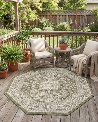 Rugs.com - Outdoor Aztec Rug – 5 Ft Octagon Green Indoor/Outdoor Rug – Weather-Resistant Flatweave for Patios, Decks, and Porches by Rugscom