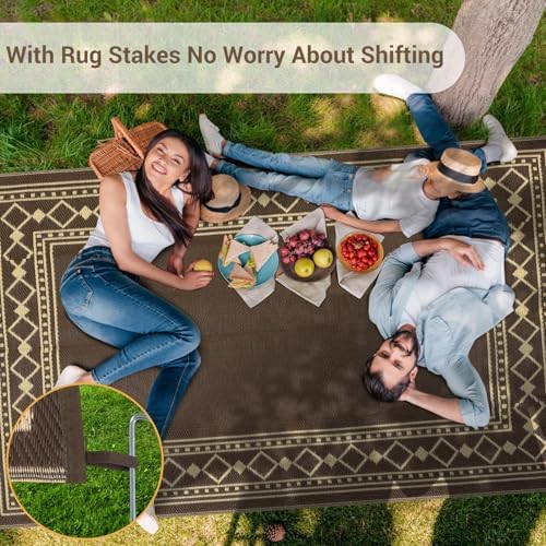 GlowSol 10x20 Outdoor Rug Waterproof Reversible Patio Carpet, Plastic Straw Camping Rug for RV Backyard Deck Beach Stain Resistant Foldable Indoor Outdoor Floor Mat Decor, Brown/Beige - Image 3