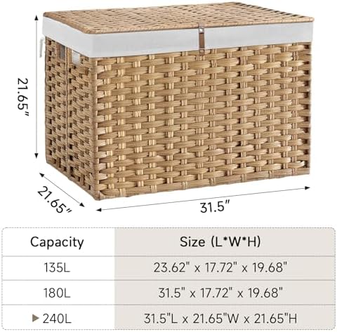 240L Wicker Storage Basket with Lid, Handwoven Rattan Large Shelf Basket with Removable Liner, 47.6 Gallon Wicker Basket for Blanket, Storage Trunk with Handle for Closet, Bedroom, Livingroom, Natural - Image 4