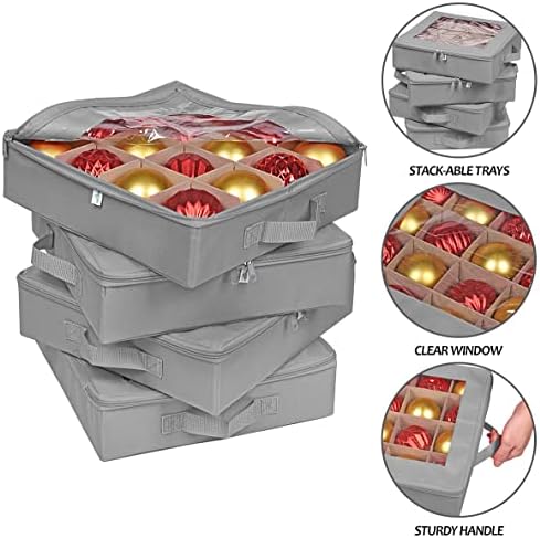 ProPik 4 Pcs Christmas Ornament Storage Boxes with Dividers, Transparent Top Zipper Closure, 4 Individual Ornament Holder Trays, Keeps 64 Holiday Ornaments, Ornament Organizer Storage Box (Gray) - Image 3