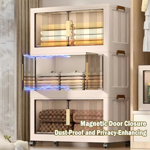 Storage Bins with Lids, 4 Tier 240 QT Stackable Plastic Storage Bins, Foldable Storages Boxes with Magnetic Doors and Wheels for Clothes, Snacks, Books, Folding Containers for Home Office - Image 3