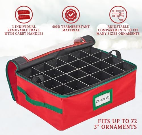 HOLDN’ STORAGE Christmas Ornament Storage Box with Dividers - Fits 72-3” Ornaments, 3 Removable Trays, Durable & Space-Saving, Clear Top Lid, Convenient Storage Designed, Red - Image 6