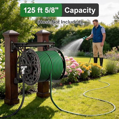 Garden Hose Reel Wall Mount Metal, Holds 125 ft x 5/8" Decorative Water Hose Holder for Outside Storage, Heavy Duty Aluminum Frame w/Shelf, No-Leak Aluminum Water System, Easy Assmbly, Dark Bronze - Image 2