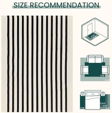 KOZYFLY Beige and Black Rug 8x10 ft Area Rug Woven Washable Striped Rugs - Image 3