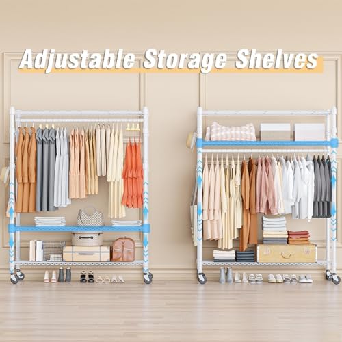 Homdox 3 Tier Garment Rack with Wheels, Portable Closets for Hanging Clothes Heavy Duty, Closet Racks and Shelving with Double Hanger Rods & Side Hooks, White - Image 3