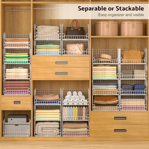 4-Tier Stackable Closet Organizers and Storage Basket - Foldable Closet Shelf Organizer System, Sturdy Metal Space-Saving Clothes Storage Bins for Wardrobe, White - Image 4