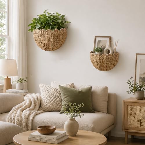 Scalloped Wicker Wall Baskets 2 Pack - Handwoven Hanging Rattan Storage Baskets for Wall Decor, Boho Front Door Basket & Farmhouse Bedroom Decoration (Natural) - Image 3
