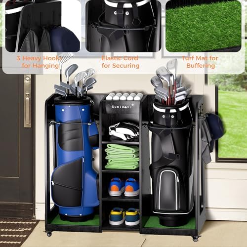 SuniBoxi Wooden Golf Bag Organizer with Wheels, 2-Bags Storage, Dark Black - Image 6