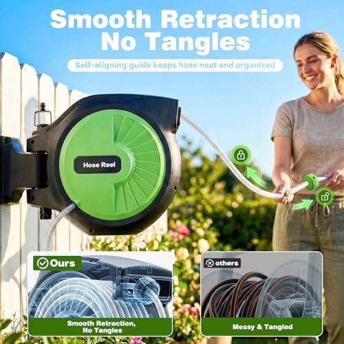 Retractable Garden Hose Reel 66FT x 1/2 in, Wall Mount Water Hose Reel for Outside with Auto Rewind, Tangle-Free Guide, 180° Swivel Bracket, Lock at Any Length, High-Pressure Flow, 10-Pattern Nozzle - Image 2