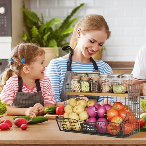 3 Pack Extra Large Fruit Basket for Kitchen with Wood Lid Nameplate - Counter&Wall Mounted Onion and Potato Storage Bin, Stackable Metal Hanging Wire Baskets,15.74 * 8.66 * 10.63 inch - Image 6