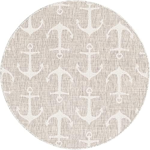 Unique Loom Outdoor Coastal Collection Area Rug - Ahoy (4' 1" Round, Gray/ Ivory) - Image 3