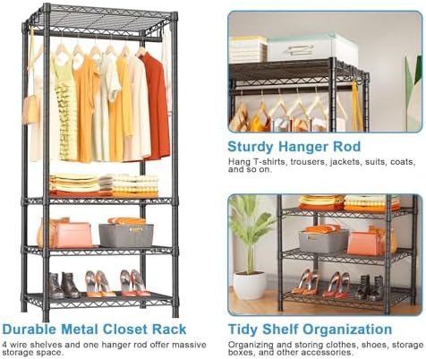 Ulif H4 Mini Portable Closet, 4 Tiers Freestanding Clothing Garment Rack for Small Space, Metal Clothes Wardrobe System for Bedroom, 23.6" W x 14" D x 76.4" H, Load 502 lbs, Black - Image 4