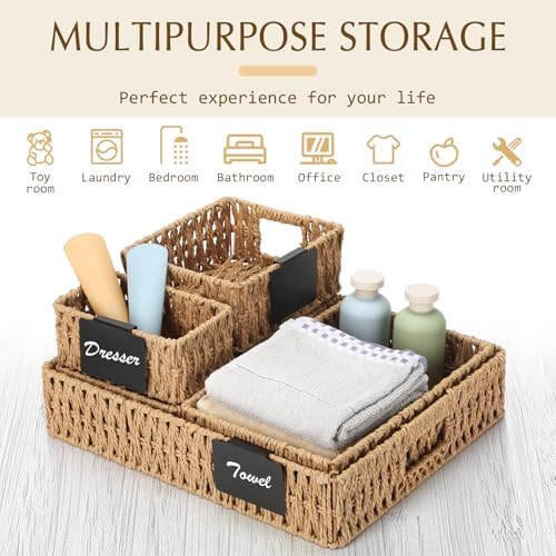 Marsui 9 Pcs Paper Rope Storage Baskets with Handle Labels Handwoven Multi-size Primary Color Storage Bins for Organizing Small Baskets Container for Shelves Closet Pantry Toilet - Image 4