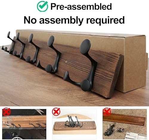 WEBI Coat Rack Wall Mount,30" Solid Wood Coat Hooks Wall Mounted Coat Hanger,16" Hole to Hole,Heavy Duty Hook Rack,5 Triple Hooks for Hanging Coats,Jacket,Hat,Backpack,Farmhouse,Brown - Image 6