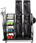 Sttoraboks Golf Bags Storage Garage Organizer, Golf Bag Rack Fits 2/3 Golf Bags and Golf Equipment Accessories, Golf Club Storage Stand with Wooden Shelf and Lockable Wheels for Garage Indoor Basement by Sttoraboks