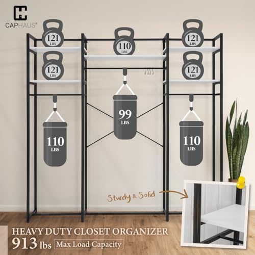CAPHAUS 913lbs Capacity Heavy Duty Clothing Rack, 75" W Metal Garment Rack with Drawers Hanging Rods and Wood Shelves, Freestanding Closet Organizer, White Board - Image 3