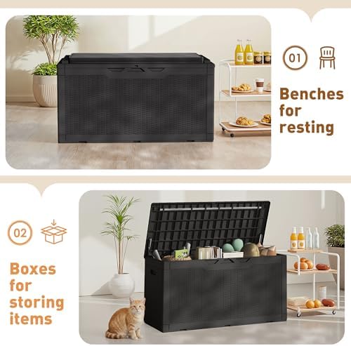 Greesum 100 Gallon Resin Deck Box Large Outdoor Storage Boxes with Cushions for Garden Tools, Patio Furniture Pillows, Pool Supplies, Black - Image 6