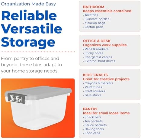 Hefty 6.5 Qt Flat-Lid Storage Bin with Lid, Stackable Plastic Storage Container, Organizer for Home, Office & Classroom, 8 Pack, Gray - Image 6
