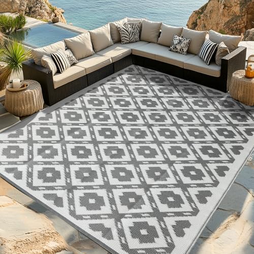 PASAMIC 9x18ft Outdoor Rug Waterproof, Reversible Plastic Straw Outdoor Patio Rug Clearance, Portable Indoor Outdoor Carpet for Patio, RV, Deck, Balcony, Backyard, Picnic, Beach, Square Dashed Gray by PASAMIC