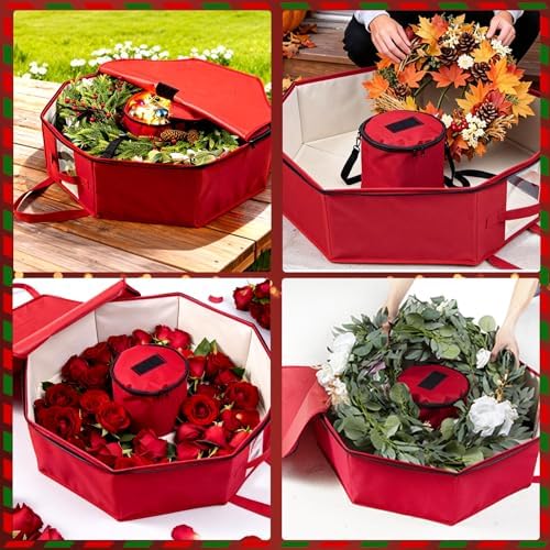 BrilliantJo 2 Pack Wreath Storage Christmas Garlands Bag with Interior Pockets Large Xmas Container Box for holiday Decorations Case with Dual Zipper and Handles Window Labeling Card Slot 24" Red - Image 2