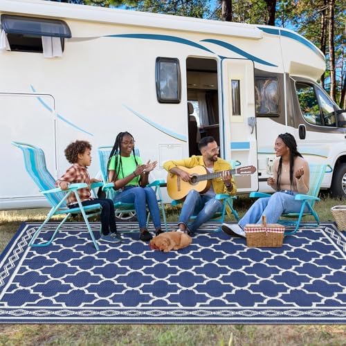 GAOMON Outdoor Plastic Straw Rug, 10'x20' Reversible Sage Green Patio Mat, Flower Modern Design for RV, Backyard, Deck, Camping, Picnic, Navy/White(Geometric) - Image 3