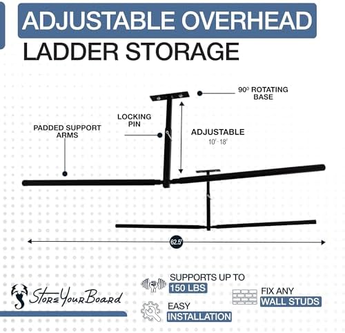 StoreYourBoard Adjustable Overhead Ladder Rack – Garage Organizer Ladder Shelf for Step & Extension Ladders - Storage Racks and Shelving for Garage Organization - Ceiling Mounted - Holds 150 lbs - Image 4