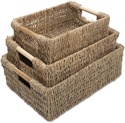 VATIMA Seagrass Baskets with Wooden Handles, Set of 3 Decorative Natural Wicker Baskets for Kitchen by VATIMA