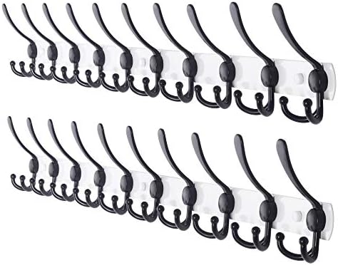 Dseap Coat Rack Wall Mount - 38” Long 10-Tri-Hooks Heavy Duty Coat Hanger Rail Wall Hooks for Hanging Coats Hats Clothing Clothes Purse Mudroom Entryway, White/Black, Pack of 2 by Dseap