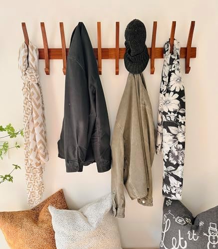 Wooden Wall Hook Rack with 5 Hooks, Solid Sapele Wood Coat Rack, Mid-Century Modern Wall Mounted Entryway Organizer, Heavy-Duty 22 lb Capacity - Image 5