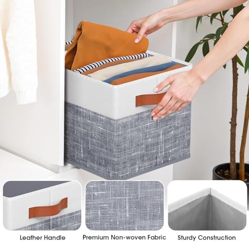 Fab totes Collapsible Storage Baskets for Shelves,14"x10", 8 Pack Foldable Fabric Storage Bins with Double Leather Handles, Large Baskets for Organizing Books, Clothes, White & Grey - Image 3