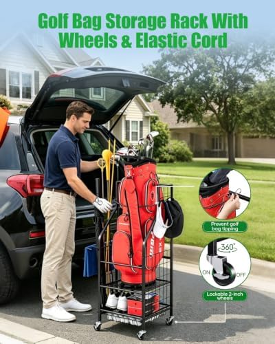 FHXZH Golf Bag Storage Garage Organizer - Golf Bag Stand with Wheels - Image 6