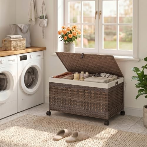 HOOBRO Storage Basket with Lid, 42.3 Gallon (160 L) Woven Storage Bin with Wheels, Wicker Basket with Handles, Foldable, Removable Liner, Metal Frame for Bedroom, Laundry Room, Brown BR246CW01 - Image 5