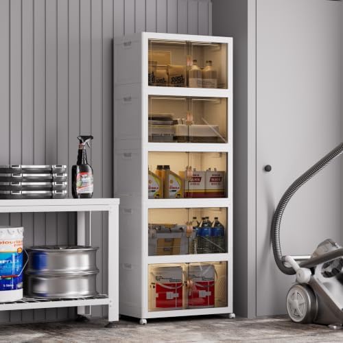 SAILUN 666QT/166Gal Stackable Storage Bins with a Lid, Collapsible Storage Bins with Doors, Folding Cabinet for Home Closet Organization,5 Pack-28 W x 18" D x 76.4" H White by SAILUN