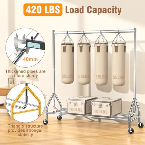 EAGMAK Heavy Duty Clothes Rack Load 420 LBS, Rolling Garment Rack with Lockable Wheels, Standing Metal Clothing Rack, Portable Wardrobe Sturdy Coat Rack for Hanging Clothes (Silver, 59″×18.9″×63″) - Image 2