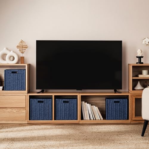 UBBCARE 3 Pack Wicker Basket, 11L×11H×10.5W inch Woven Paper Rope Storage Baskets for Shelves, Foldable Cube Storage bin with Handle, Storage Basket for Organizing & Decor, Navy Blue - Image 3