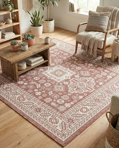 Rugs.com - Outdoor Aztec Rug – 6 Ft Square Rust Red Indoor/Outdoor Rug – Perfect for Patios, Decks, and Porches by Rugscom