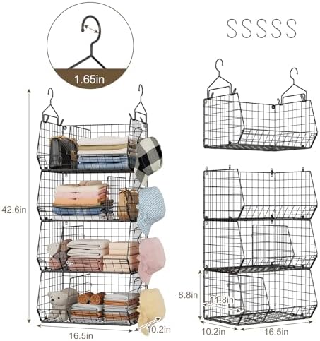 Jautokerdar 4 Tier Hanging Closet Organizer with Dividers,Extra Large Storage Hanging Shelf with 5 S Hooks 4 Dividers,Hang on Wire Closet Shelving Clothes Organizer-Black - Image 4