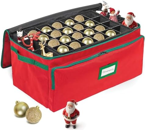 Premium Christmas Ornament Storage Box – Holds up to 72-3” Ornaments + 6 Side Slots for Figurines & Nutcrackers – Holiday Decoration Organizer – Durable 600D Red Canvas by HOLDN%E2%80%99STORAGE