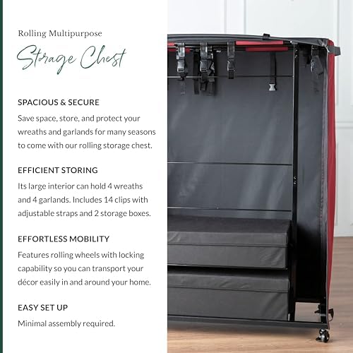 Balsam Hill Wreath & Garland Rolling Storage Chest - Premium All-in-One Christmas Storage Solution with Locking Wheels and Adjustable Clips for Multiple Wreaths and Garlands - Image 4